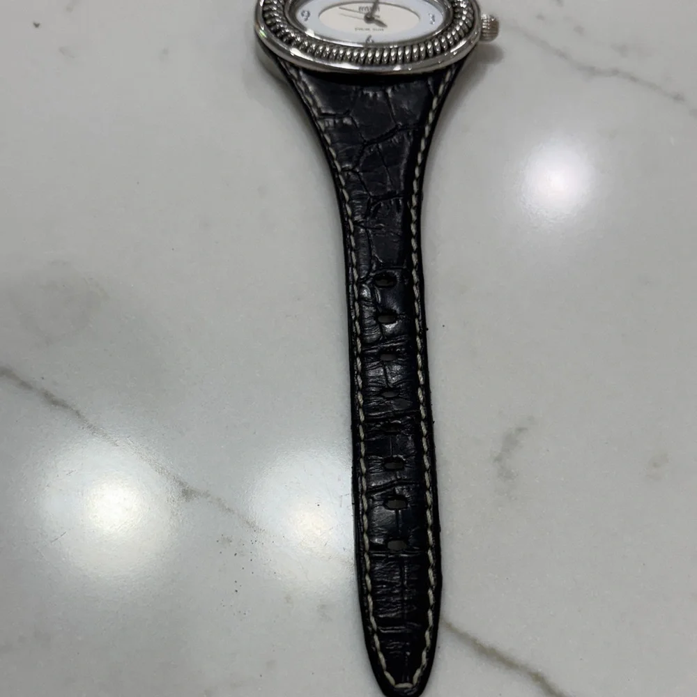 Black Leather Strap Women's Oval Silver-Tone Watch